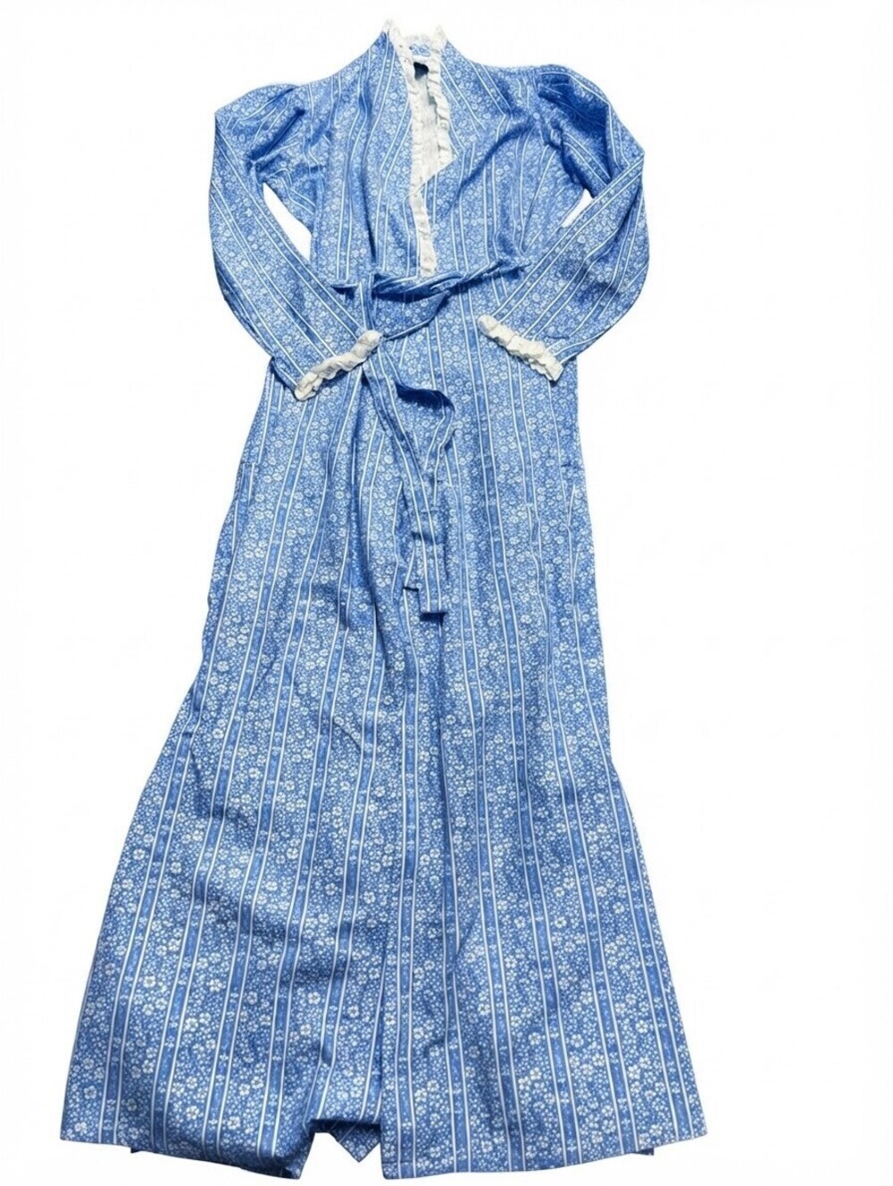 Vintage Lanz of Salzburg Blue & White Floral Stripe Cotton Robe Wrap Dress Small